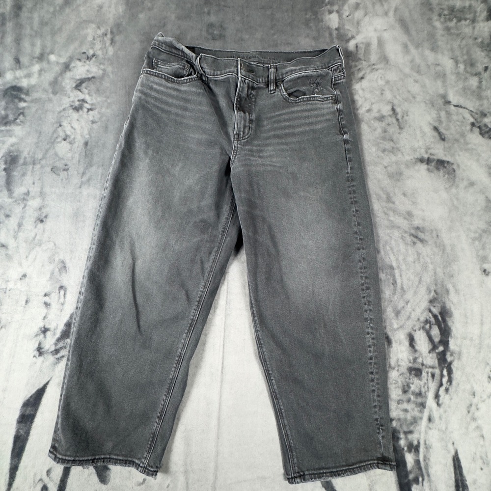 American Eagle Barrel Jeans Womens 10 Short Black Stretch High Rise Cropped 4123
